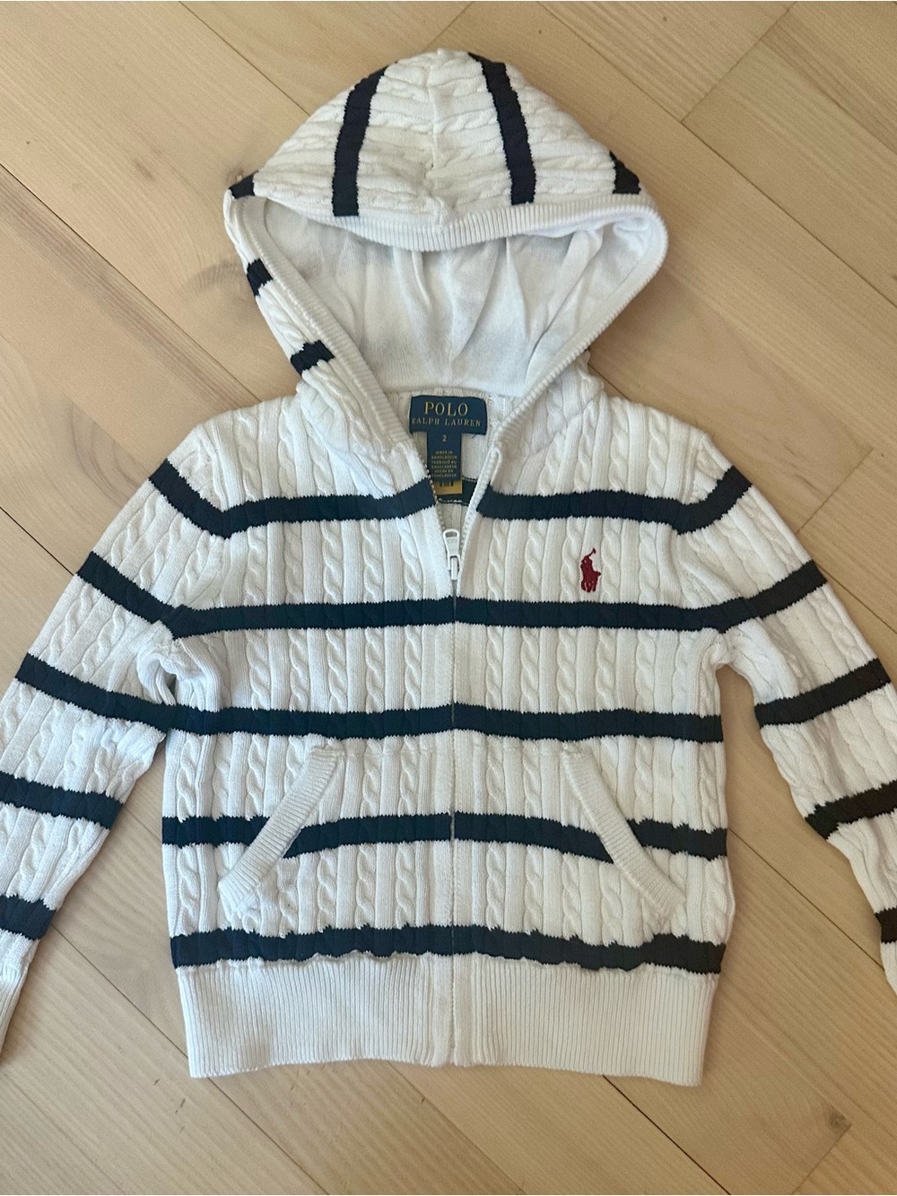 Polo Ralph Lauren Kids Cable Striped Cotton Hooded Full-zip Sweater 2T